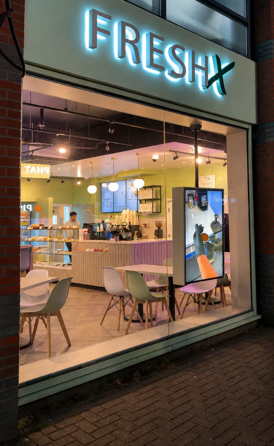 The FreshX shopfront at dusk — backlit FRESHX sign on the sage fascia, the counter, menu boards and pastel chairs lit up behind the glass