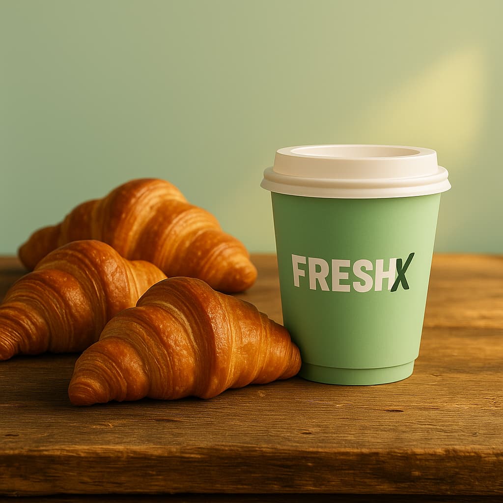 Fresh croissants and FreshX branded coffee mug on wooden table